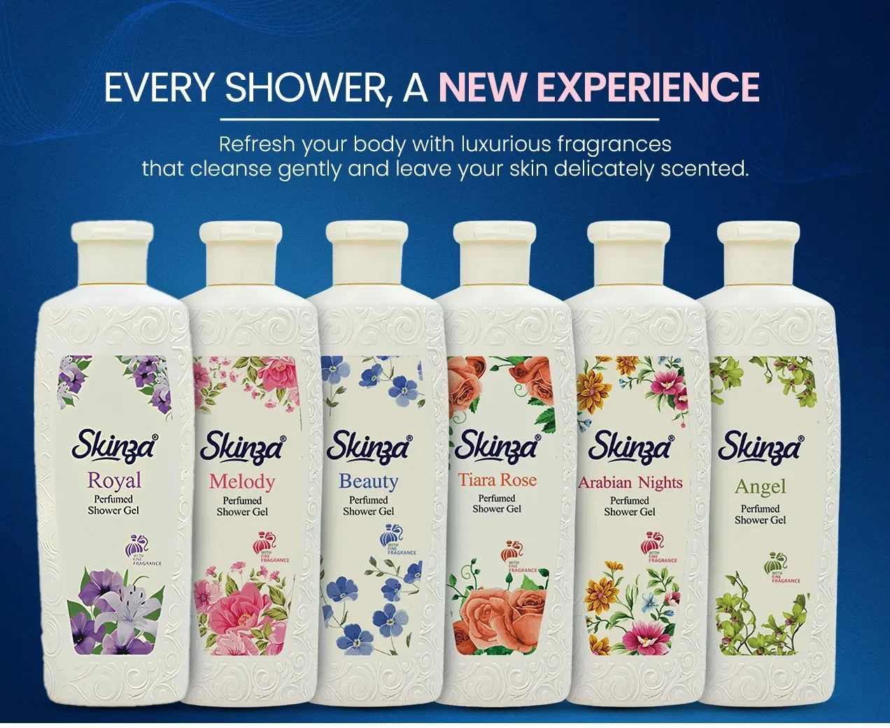 Skinza Perfumed Shower Gel Collection - Royal, Melody, Beauty, Tiara Rose, Arabian Nights and Angel